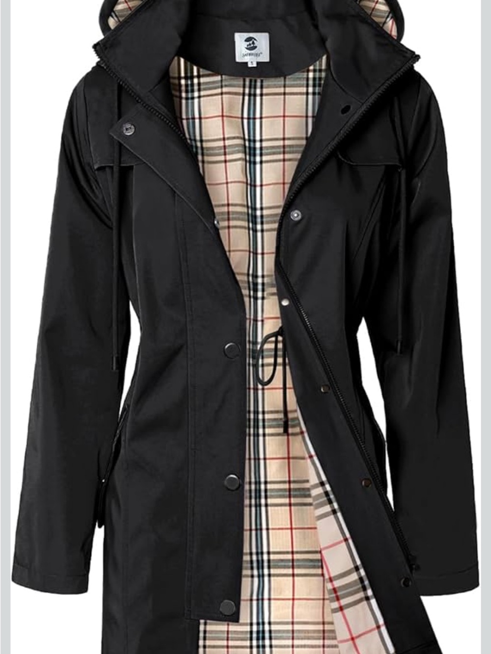 NWOT Women's Black Hooded Trench Coat with Plaid Lining